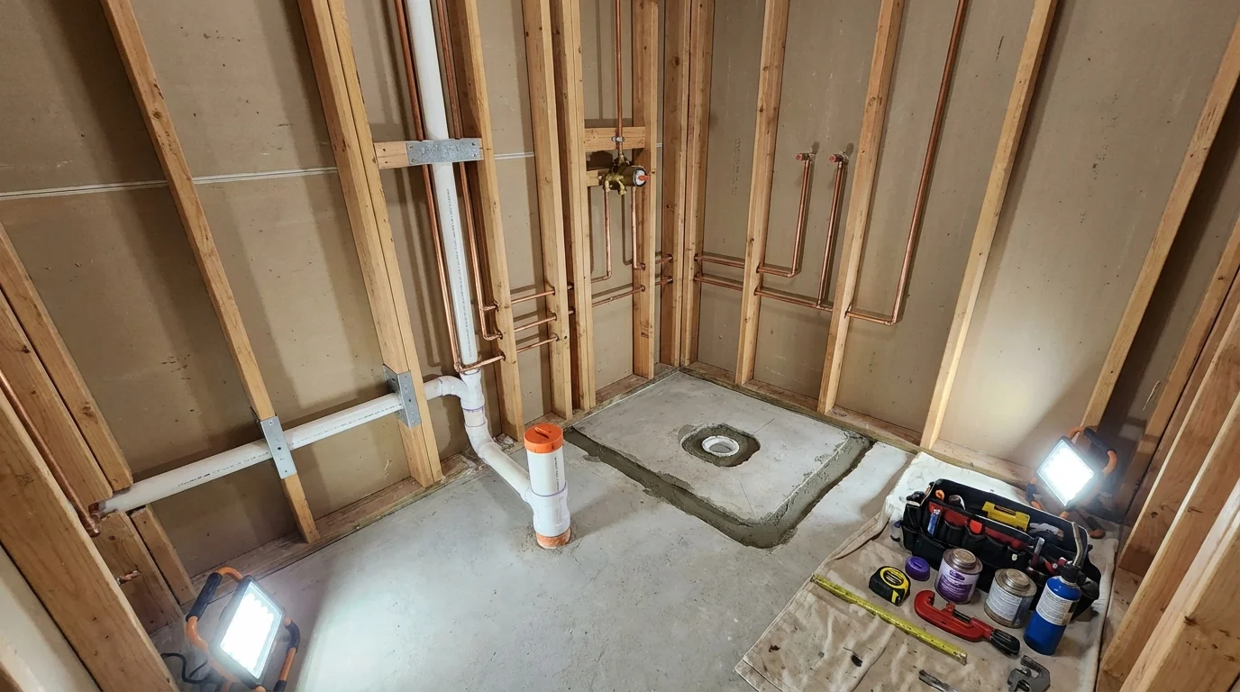 Bathroom rough-in plumbing during remodel by Johns Plumbing LLC in West Fork