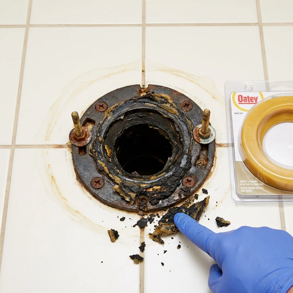 Failed wax ring showing water seepage at the base of a toilet in a West Fork, AR home