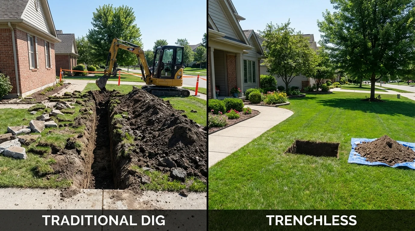 Trenchless sewer repair with minimal yard damage versus traditional excavation in West Fork, AR