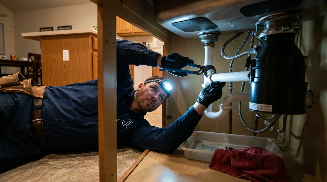 P-trap and supply line connections under a kitchen sink showing a common leak point in West Fork, AR